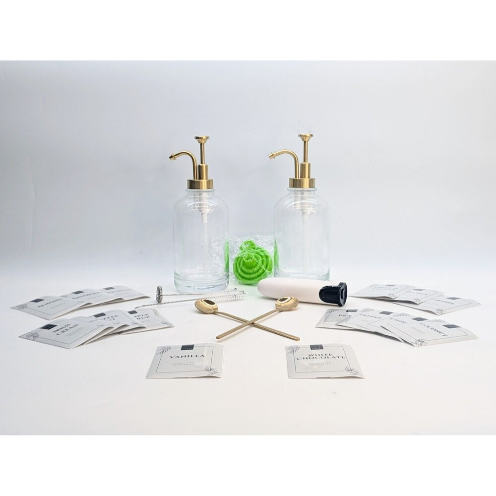 2 Glass Coffee Bar Syrup Dispenser with Labels, Milk Frother, and Funnel